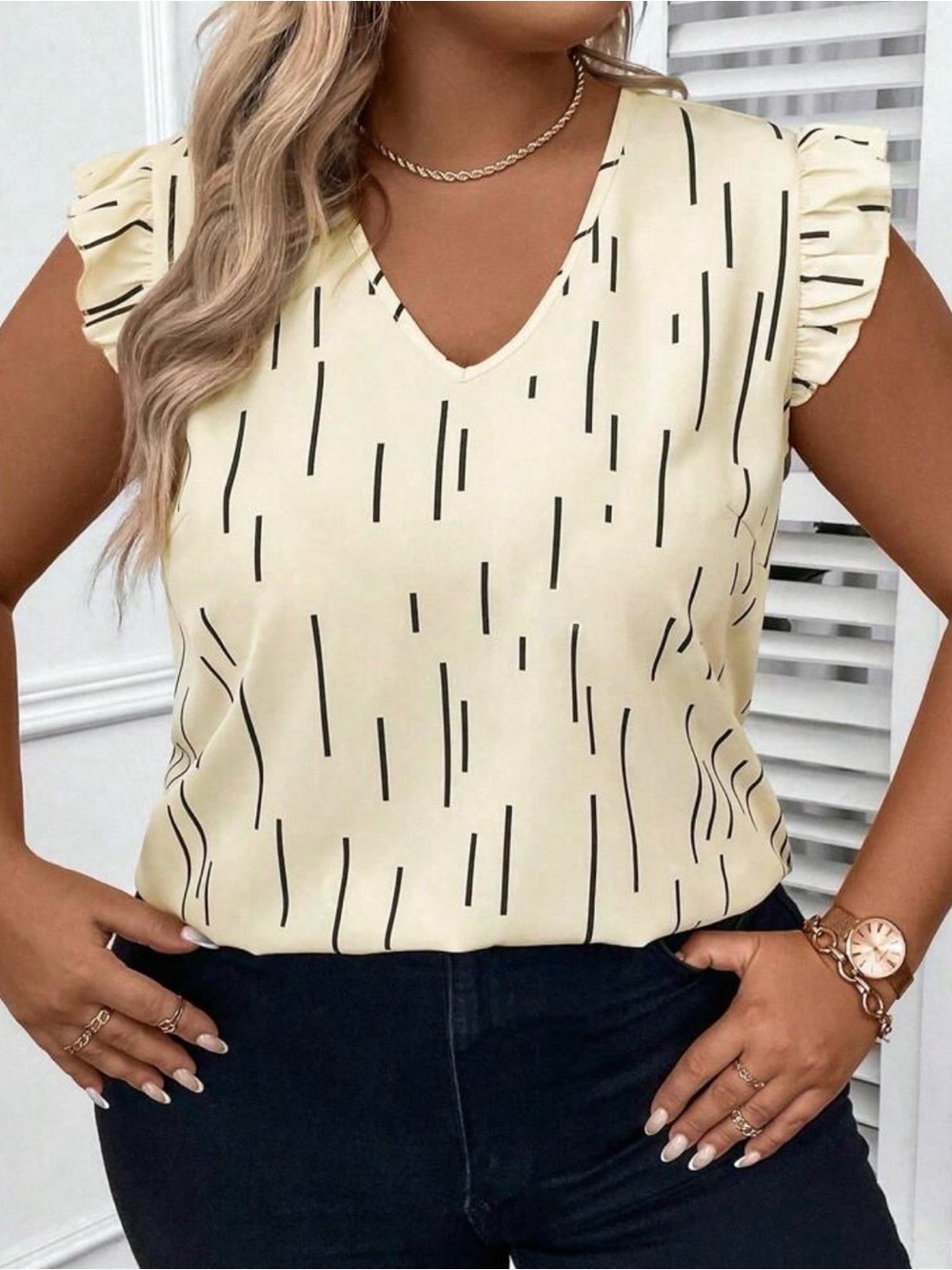 SHEIN Cream V-Neck Ruffle Cap Sleeve Printed Top